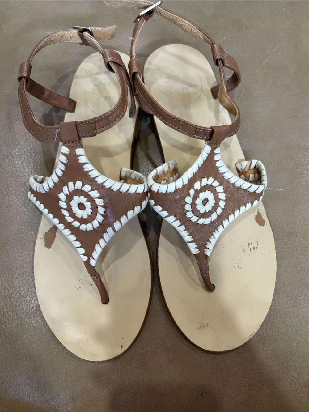 Jack Rogers Tan Leather T-strap Sandals with White Whipstitch - Picture 2 of 8